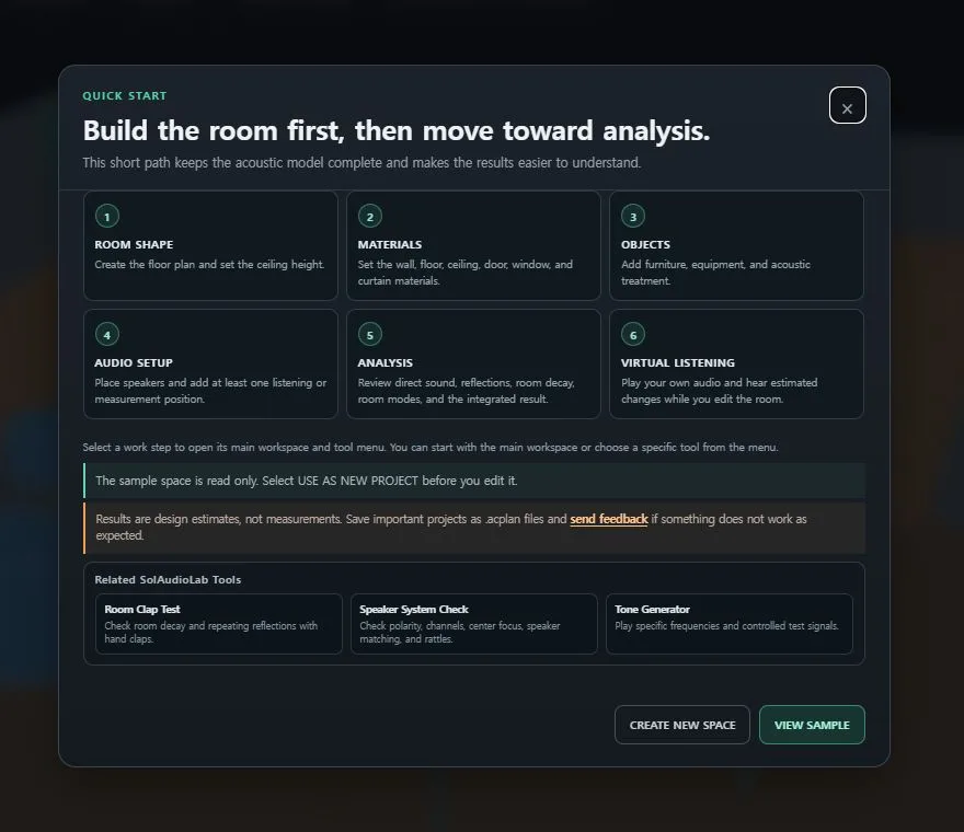 The Quick Start window shows the complete Acoustic Planner workflow.
