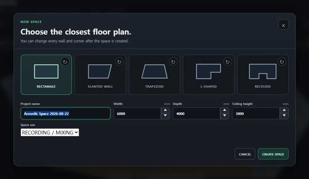 The New Space window offers five room templates and exact size inputs.