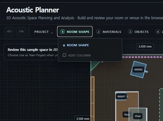 The Room Shape menu includes tools for walls, corners, and structural columns.