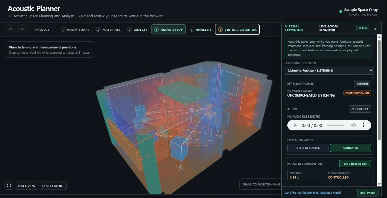 Virtual Listening provides audio controls, listening modes, analysis displays, and live update status.