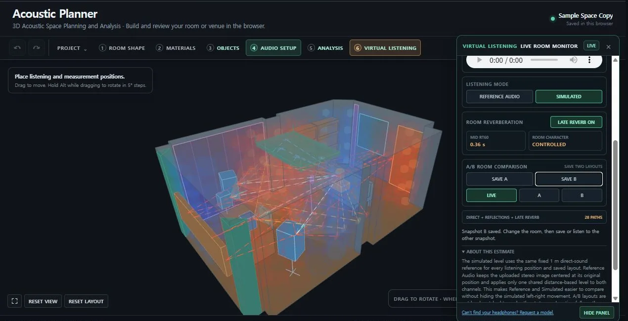 Virtual Listening compares two saved room calculation snapshots as A and B.