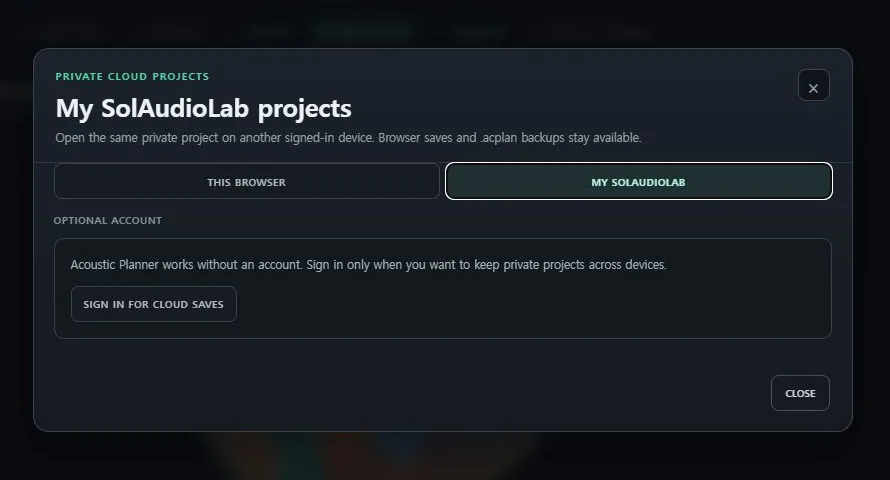 My SolAudioLab stores private Acoustic Planner projects for the signed-in user.