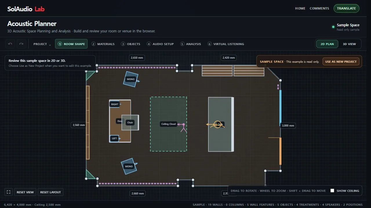 The SolAudioLab Acoustic Planner showing a real 2D room plan with speakers, listening positions, objects, and room dimensions.
