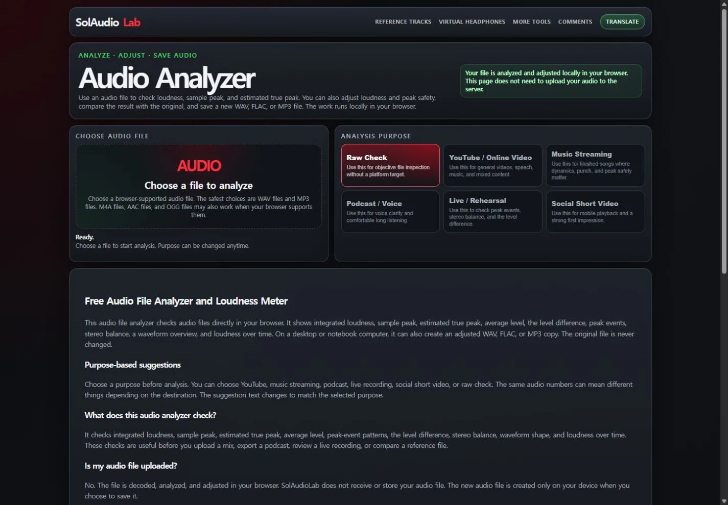 SolAudioLab Audio Analyzer file selection and analysis purpose screen