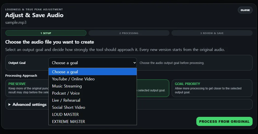 Adjust and Save Audio output goal and processing approach controls in SolAudioLab Audio Analyzer