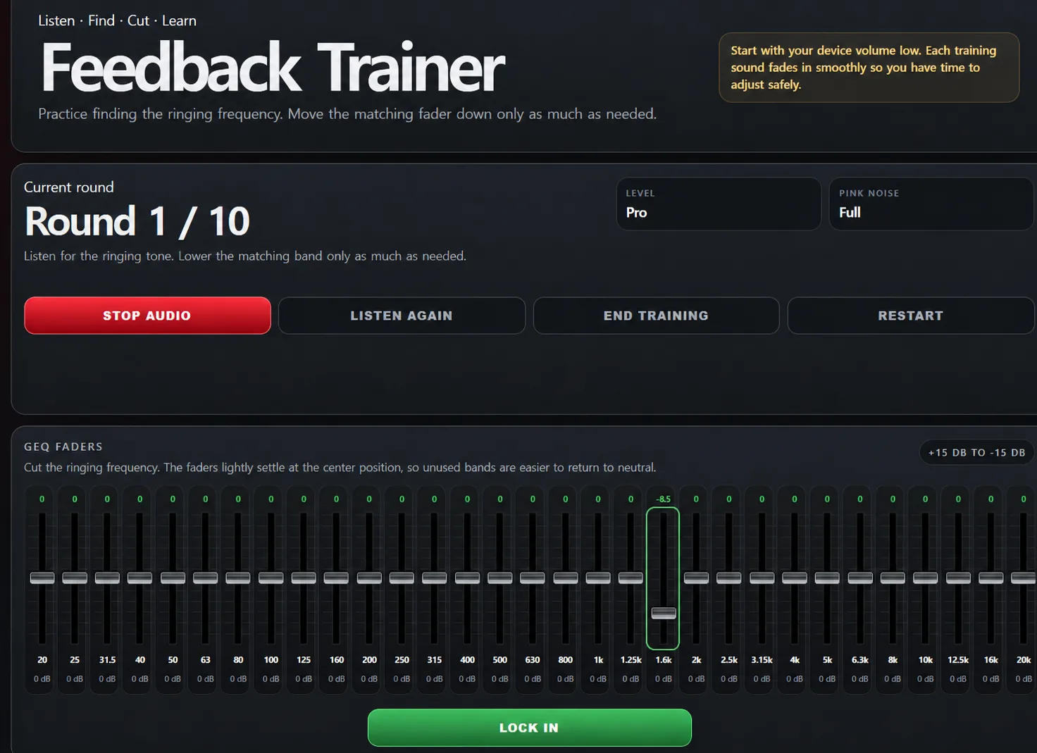 SolAudioLab Feedback Trainer in Pro mode with the 1.6 kHz graphic EQ band reduced