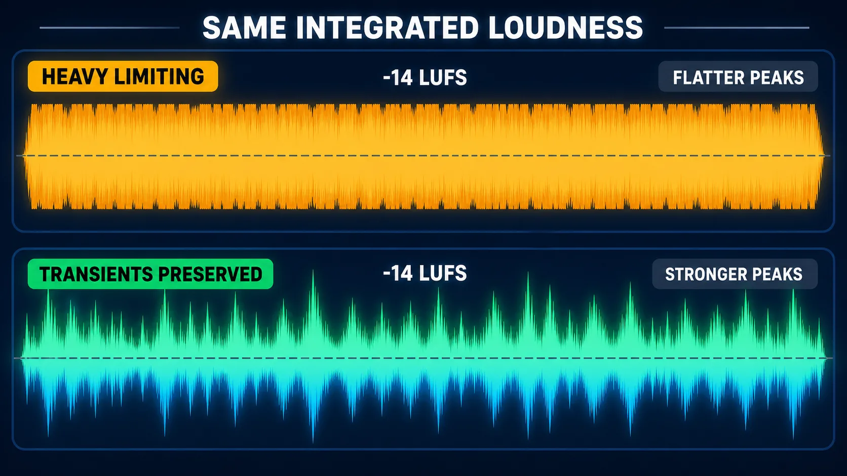Two waveforms at the same integrated loudness with flatter and stronger peaks