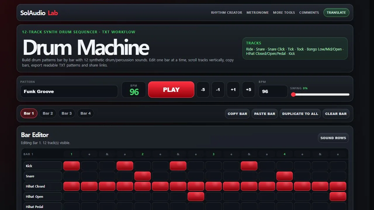 Four-bar drum pattern in the SolAudioLab browser Drum Machine