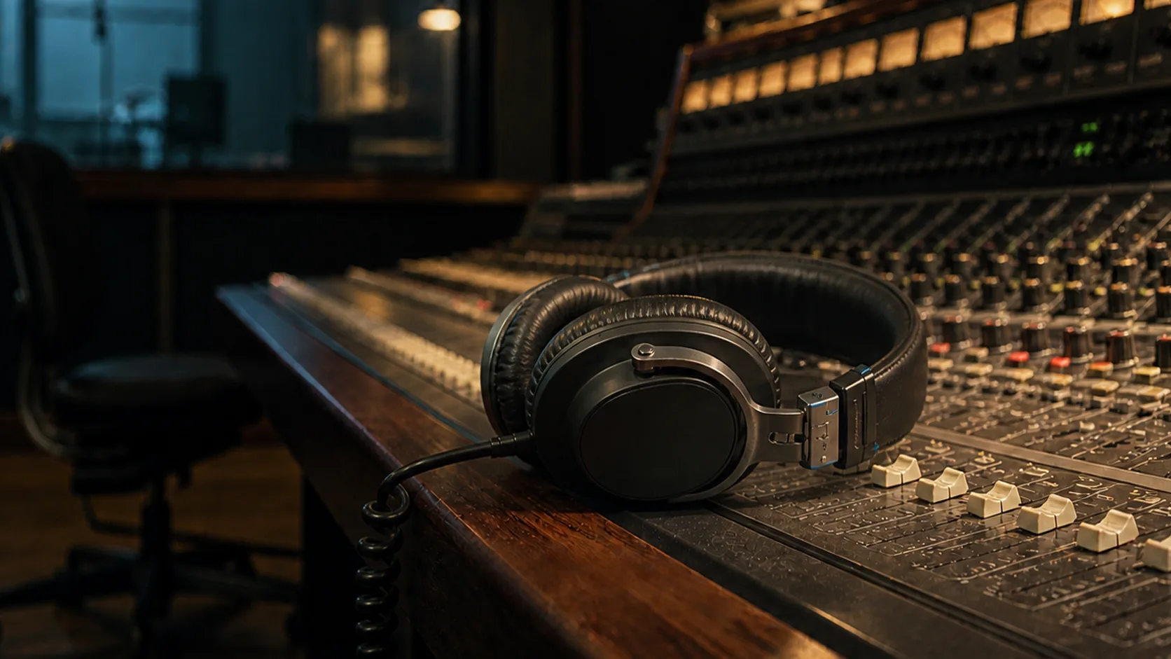 A well-used pair of closed-back studio headphones rests on an analog mixing console after a late-night session.