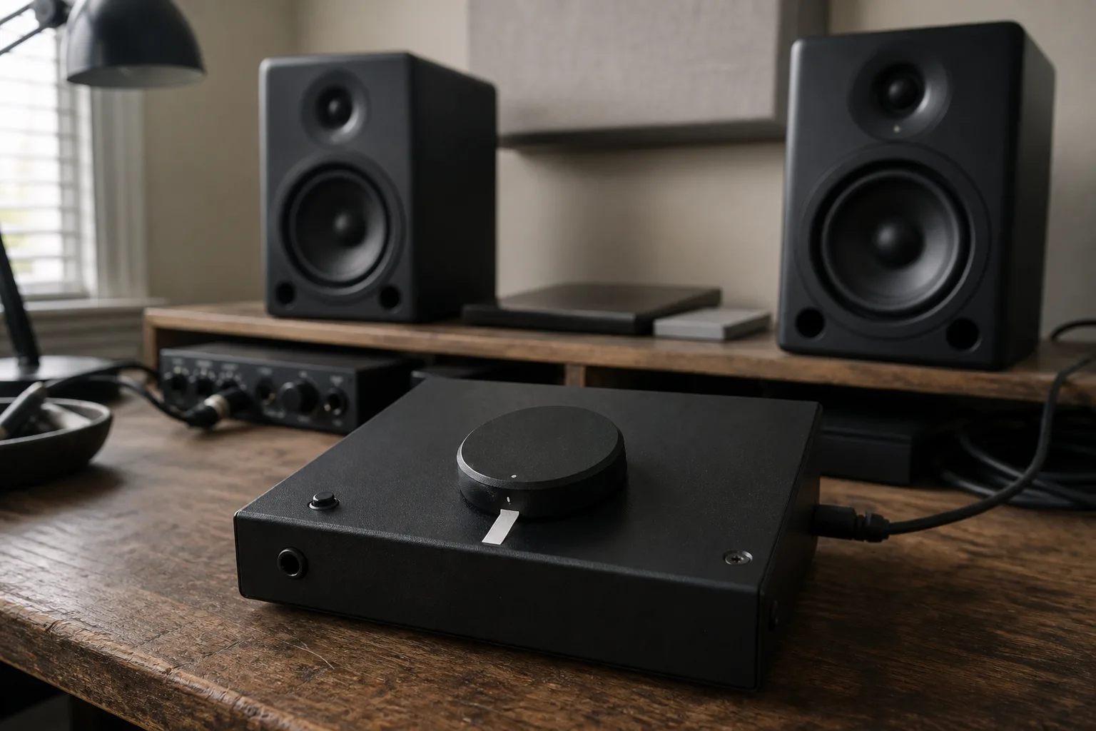A studio monitor controller with a marked reference volume position in a small mixing room.