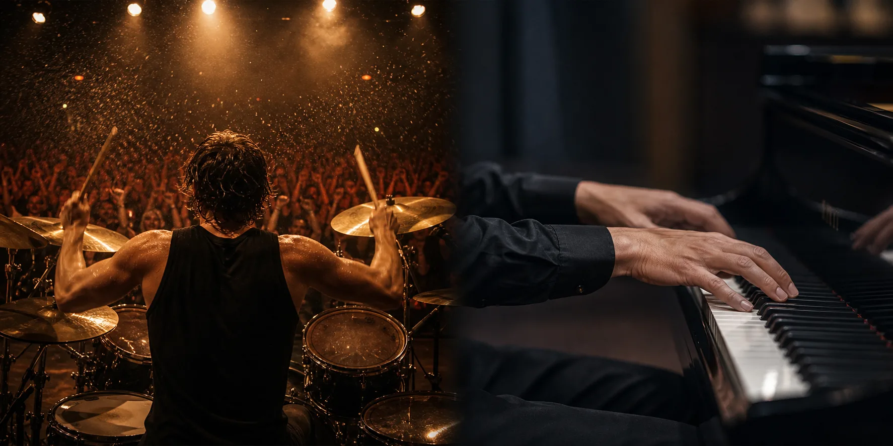 A loud rock performance contrasted with a quiet solo piano performance