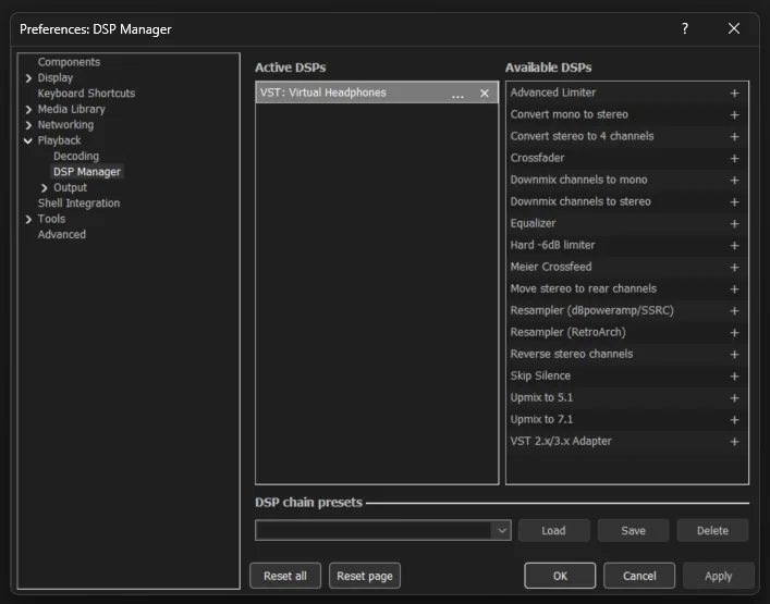 VST Virtual Headphones enabled under Active DSPs in foobar2000