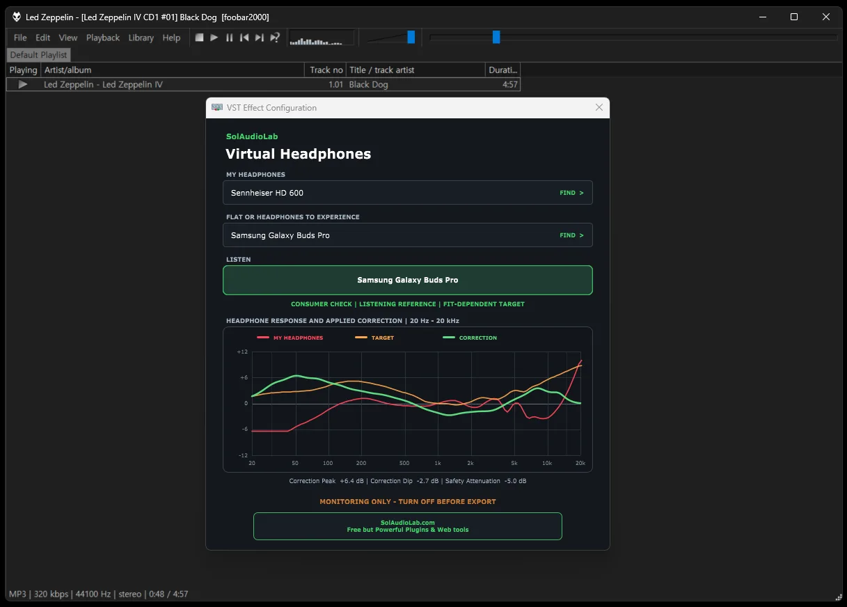 Virtual Headphones running during music playback in foobar2000