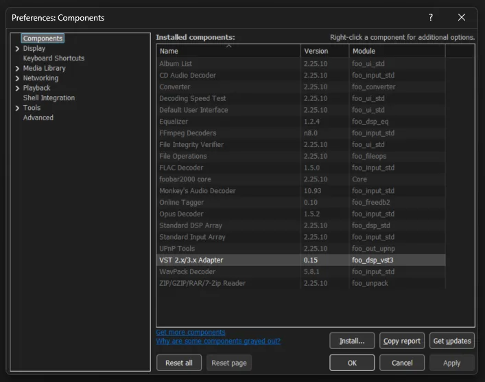 The VST 2.x/3.x Adapter installed in the foobar2000 Components preferences