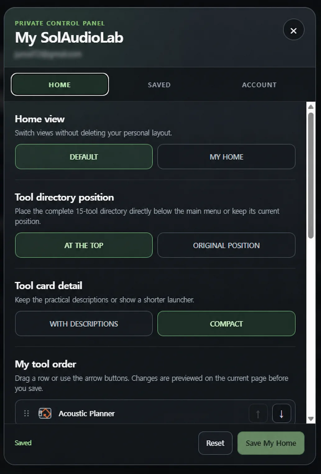 The My SolAudioLab Home tab with controls for the home view, tool directory position, card detail, and tool order.