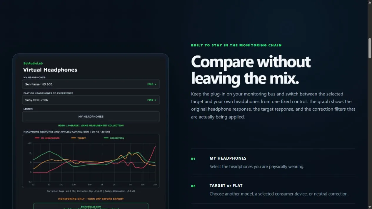Virtual Headphones plug-in interface inside the plug-in download page