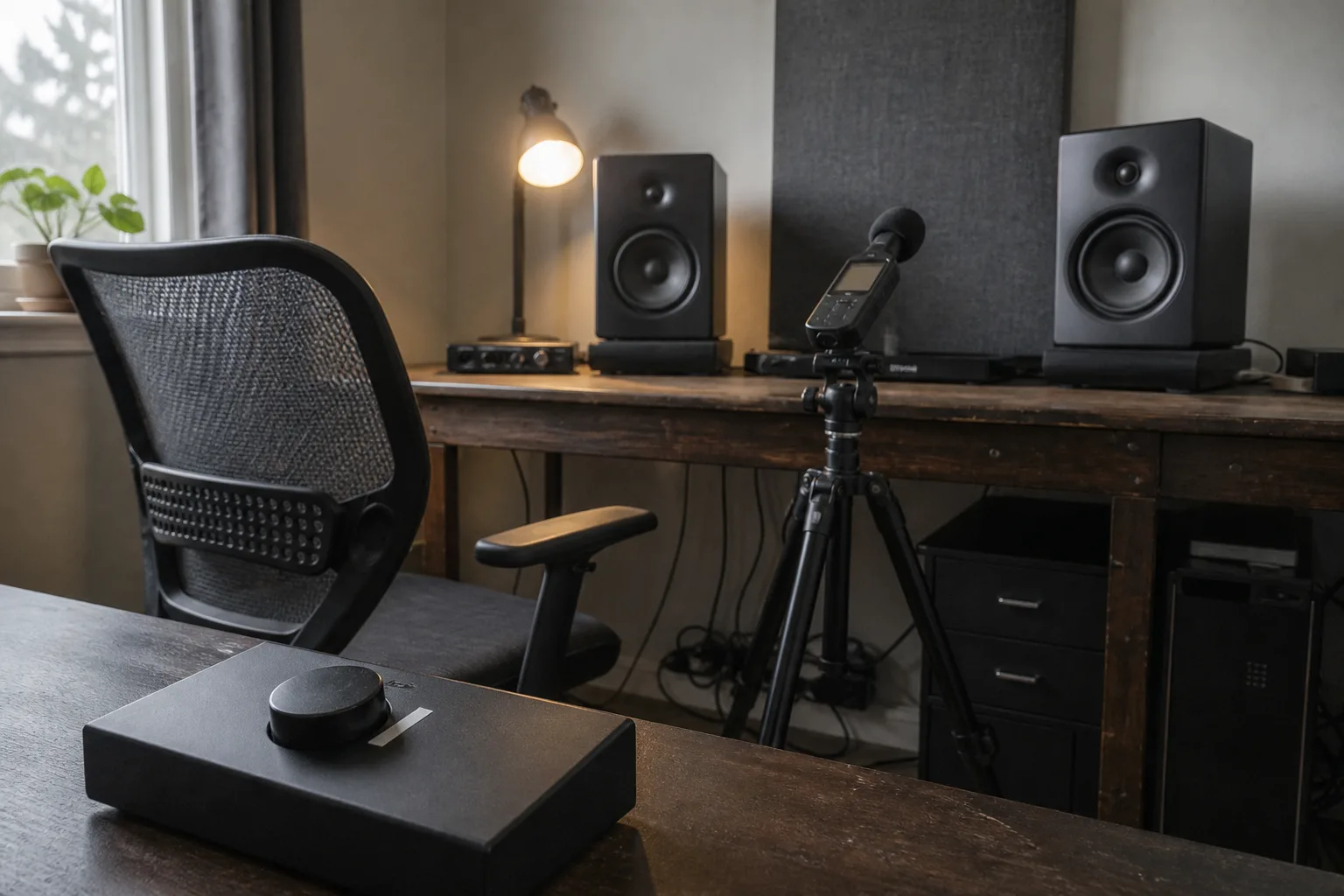 A small studio prepared for reference-level calibration, with a marked volume control and a sound level meter at the listening position.