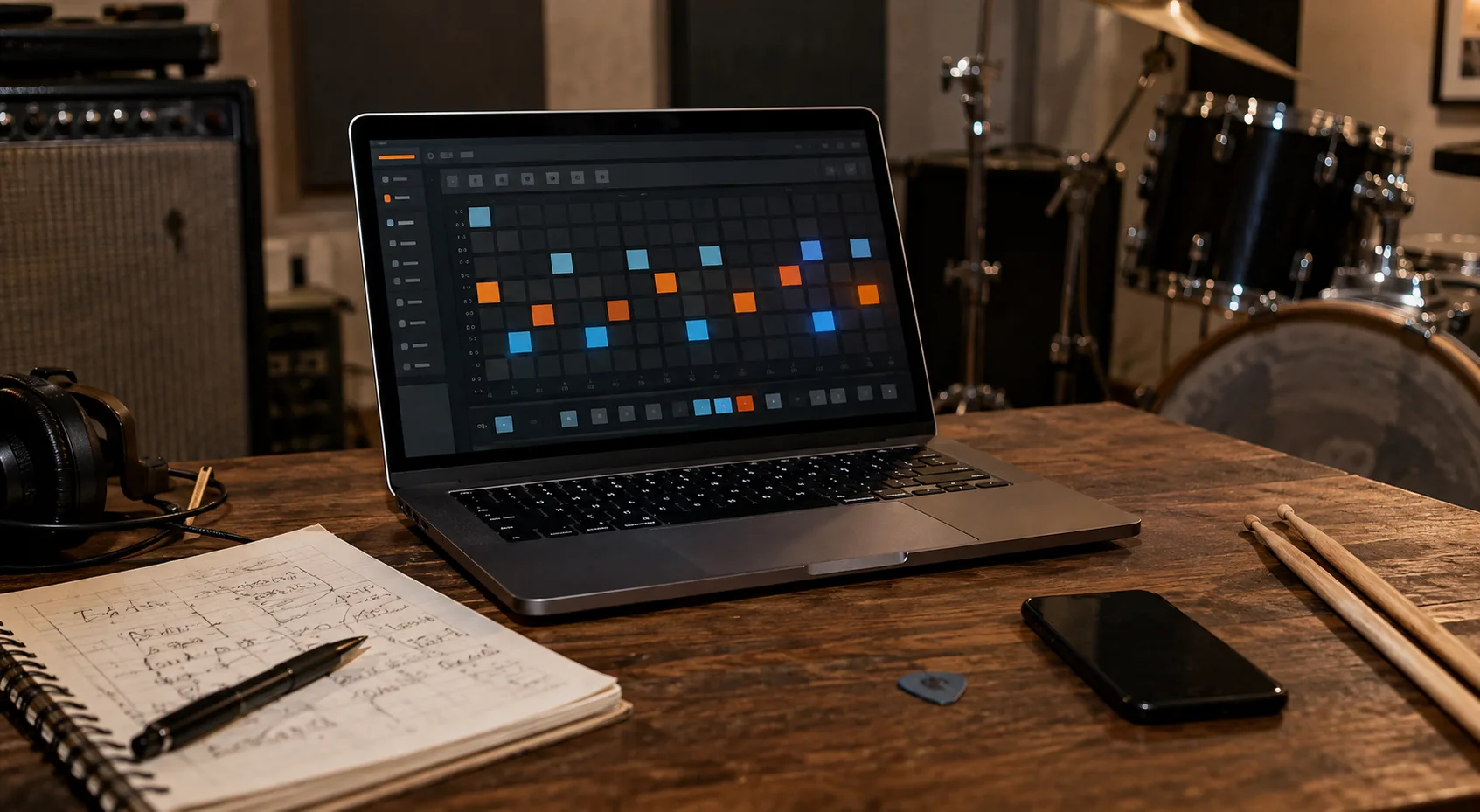 A laptop drum pattern editor in a home rehearsal studio