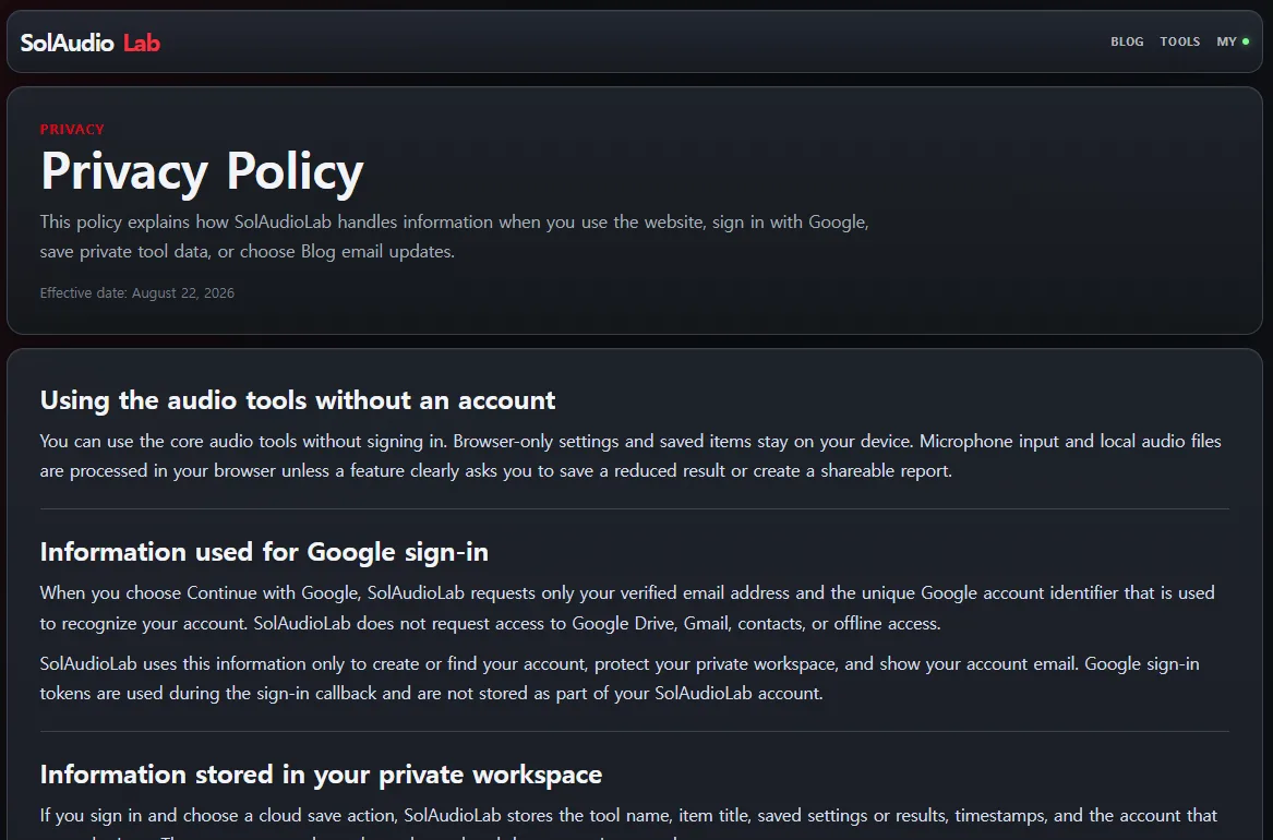 The SolAudioLab Privacy Policy explains the limited information used for Google sign-in and private saves.