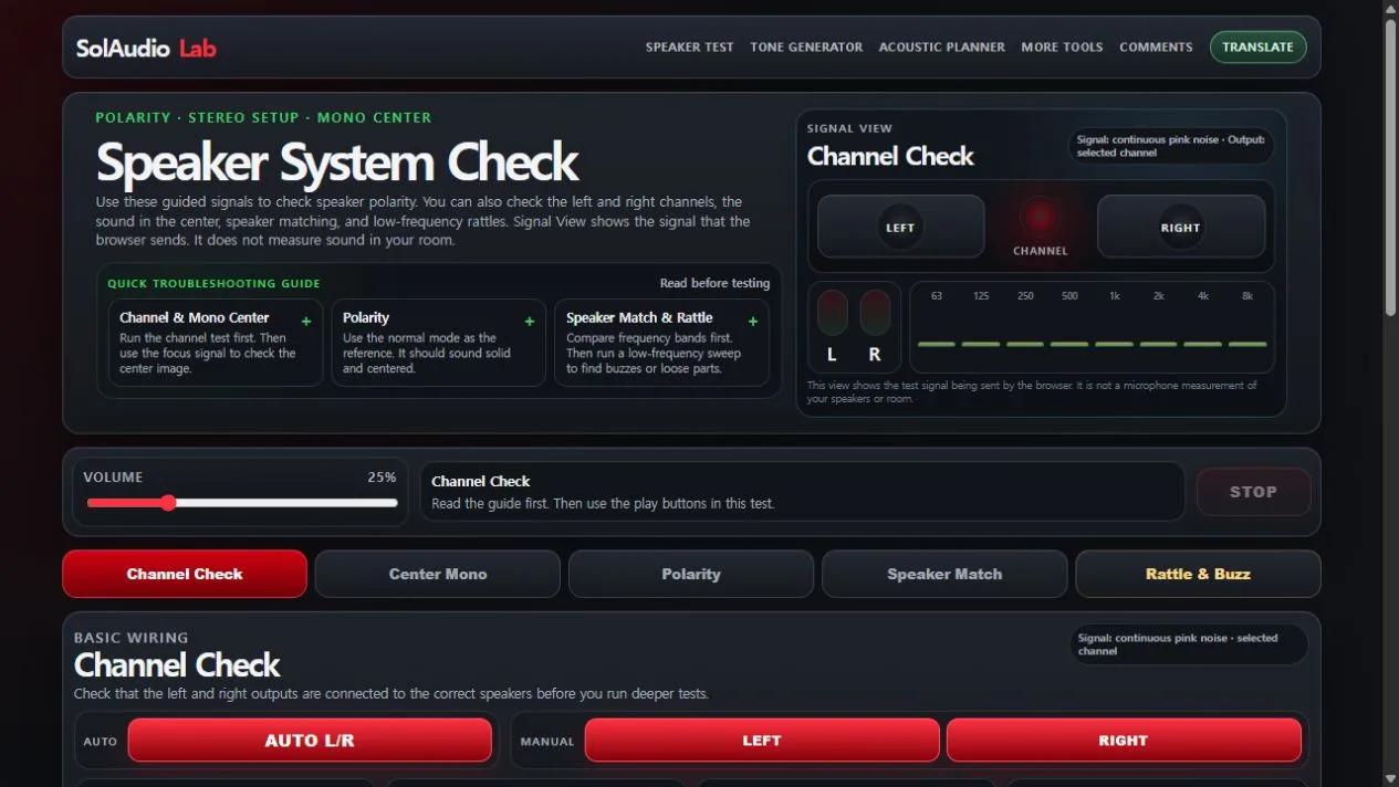 Speaker System Check showing channel, mono center, polarity, speaker matching, and rattle tests