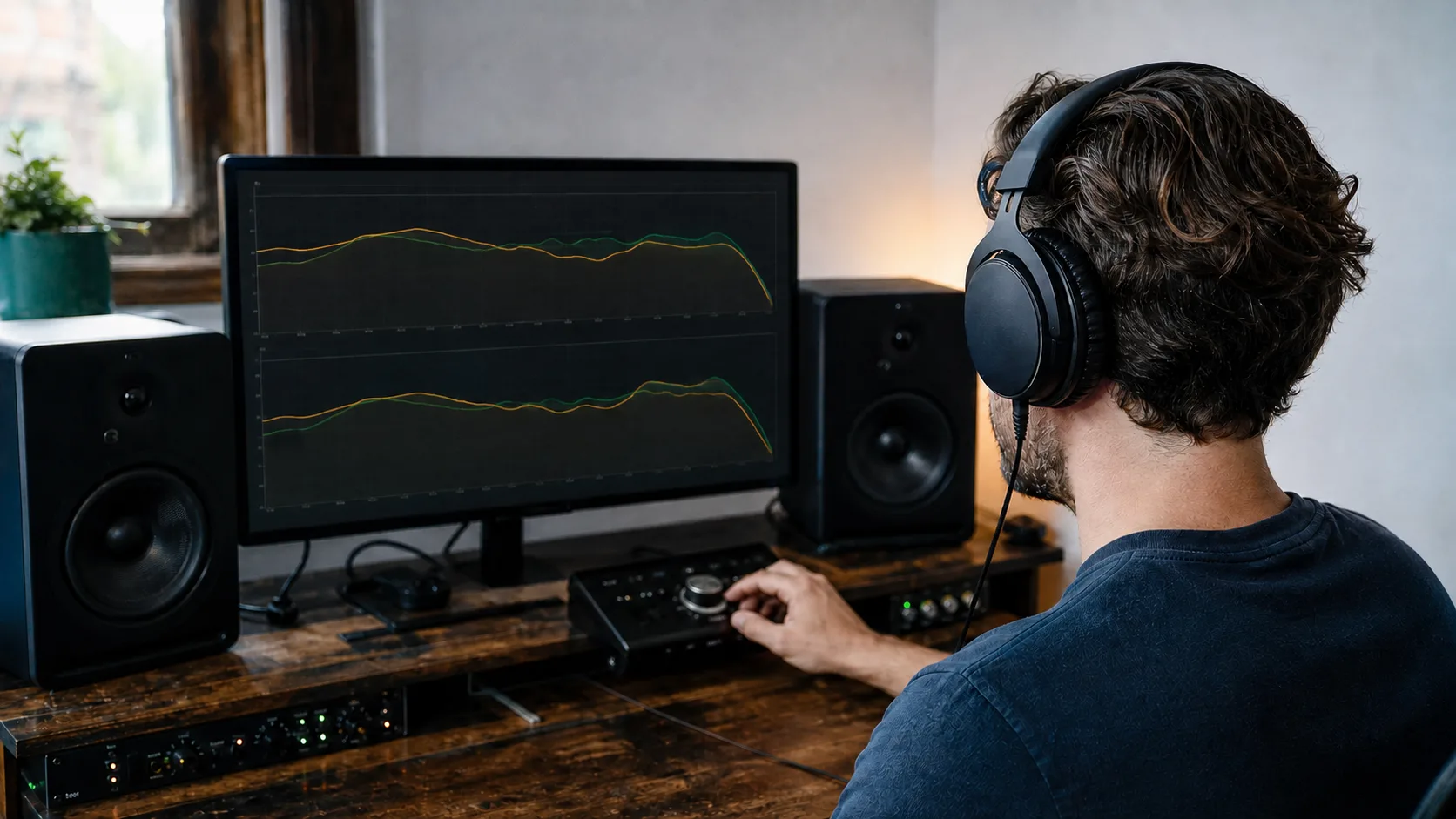 A producer comparing two headphone response curves with Virtual Headphones in a home studio