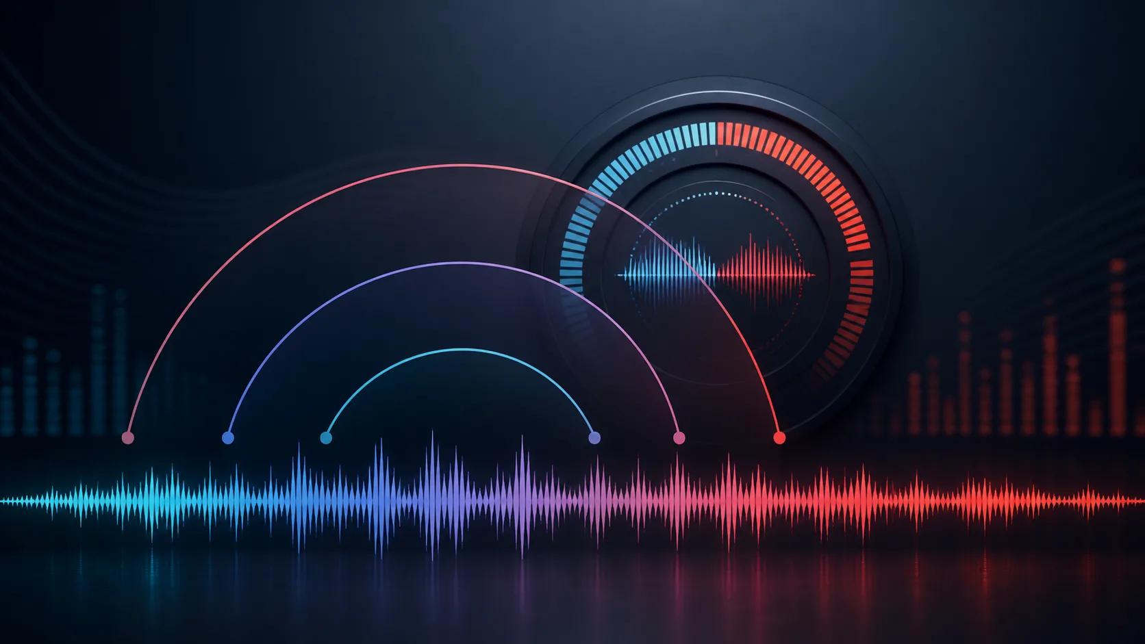 Audio loudness meter, waveform, and LUFS time-window illustration