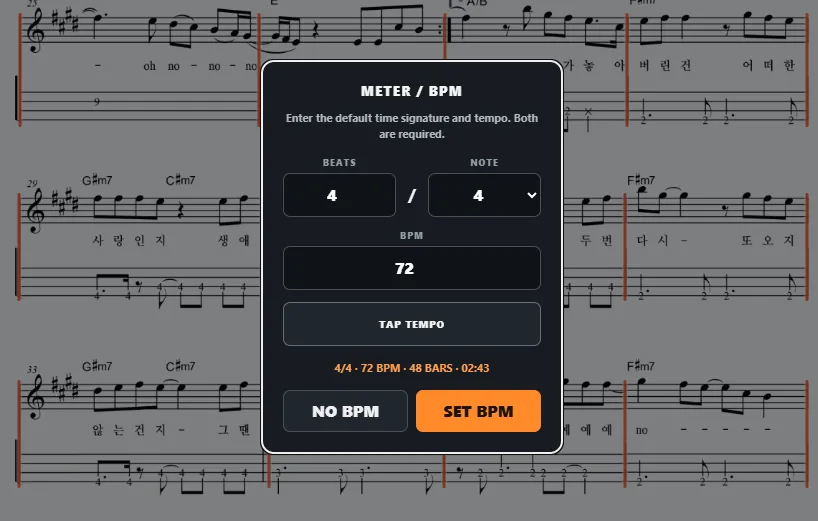 The METER BPM panel set to 4 over 4 and 72 BPM