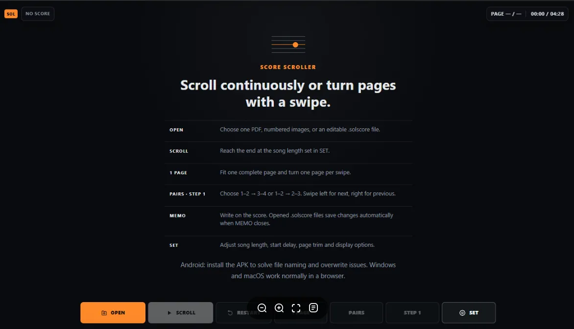 The first screen of SolAudioLab Score Scroller