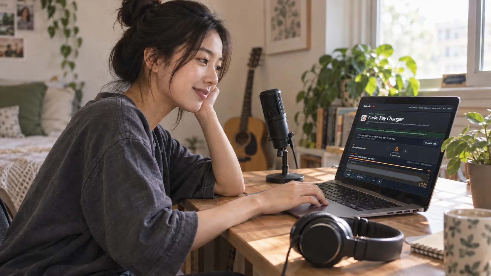 A singer adjusts a backing track in Audio Key Changer on a laptop before vocal practice.