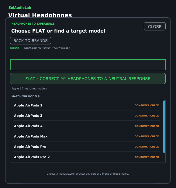 Virtual Headphones target model picker showing Flat correction and Consumer Check headphone targets